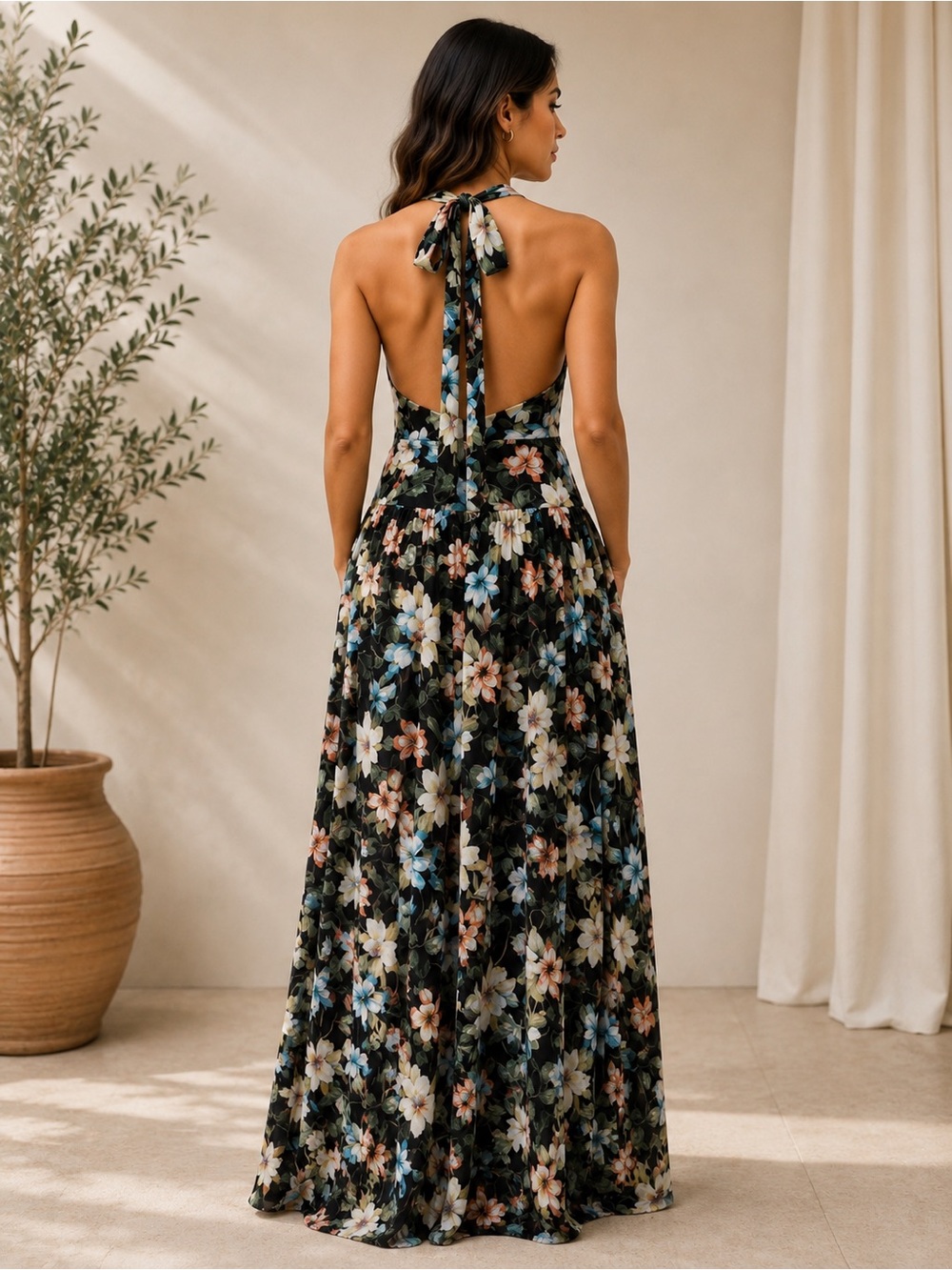 Floral Halter Maxi Dress XL Black Multicolor Sleeveless - Picture 2 of 4